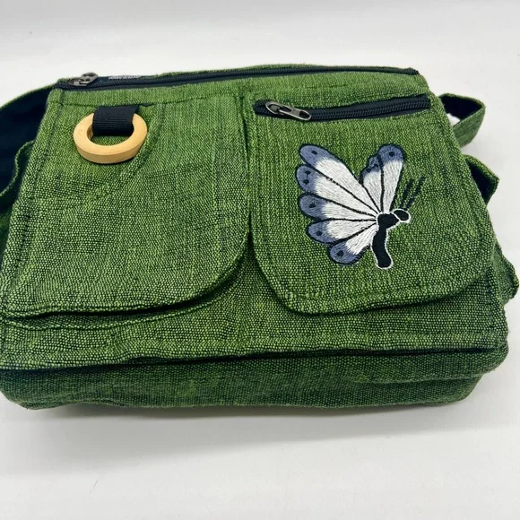 Elegant Green Crossbody Bag with Butterfly Embroidery, Handmade Ethical Bag - Picture 11 of 15